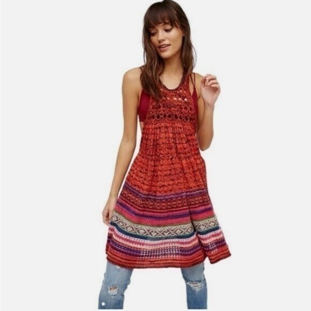 Free People distressed  Rare Hearts Tunic Knit Open Side Multicolor Bohemian Top